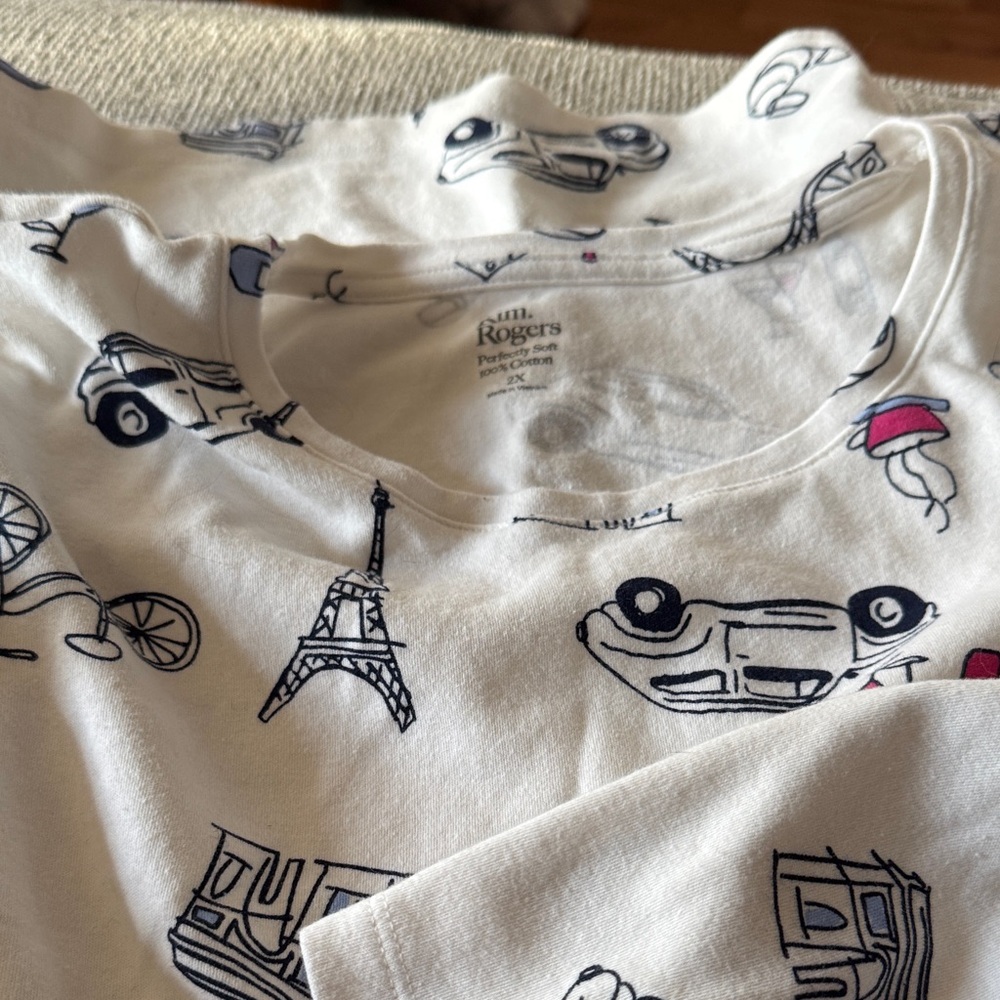 White Graphic Tee with Black Illustrations